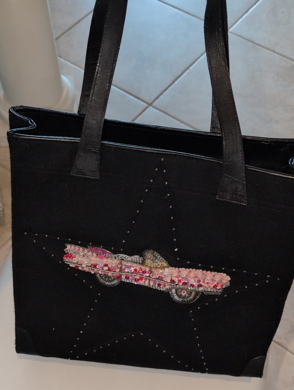 Michael Simon Black Embellished Convertible Tote with Pink Beaded Car Accent